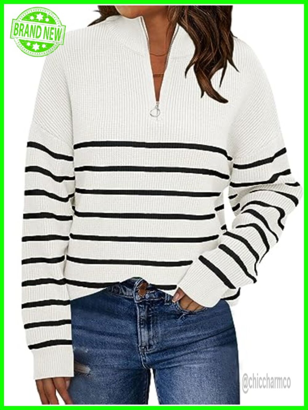 Women's Oversized Striped Quarter Zip Pullover Sweater